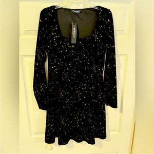 Allegra K Long sleeve Dress Black Velvet and Gold Stars